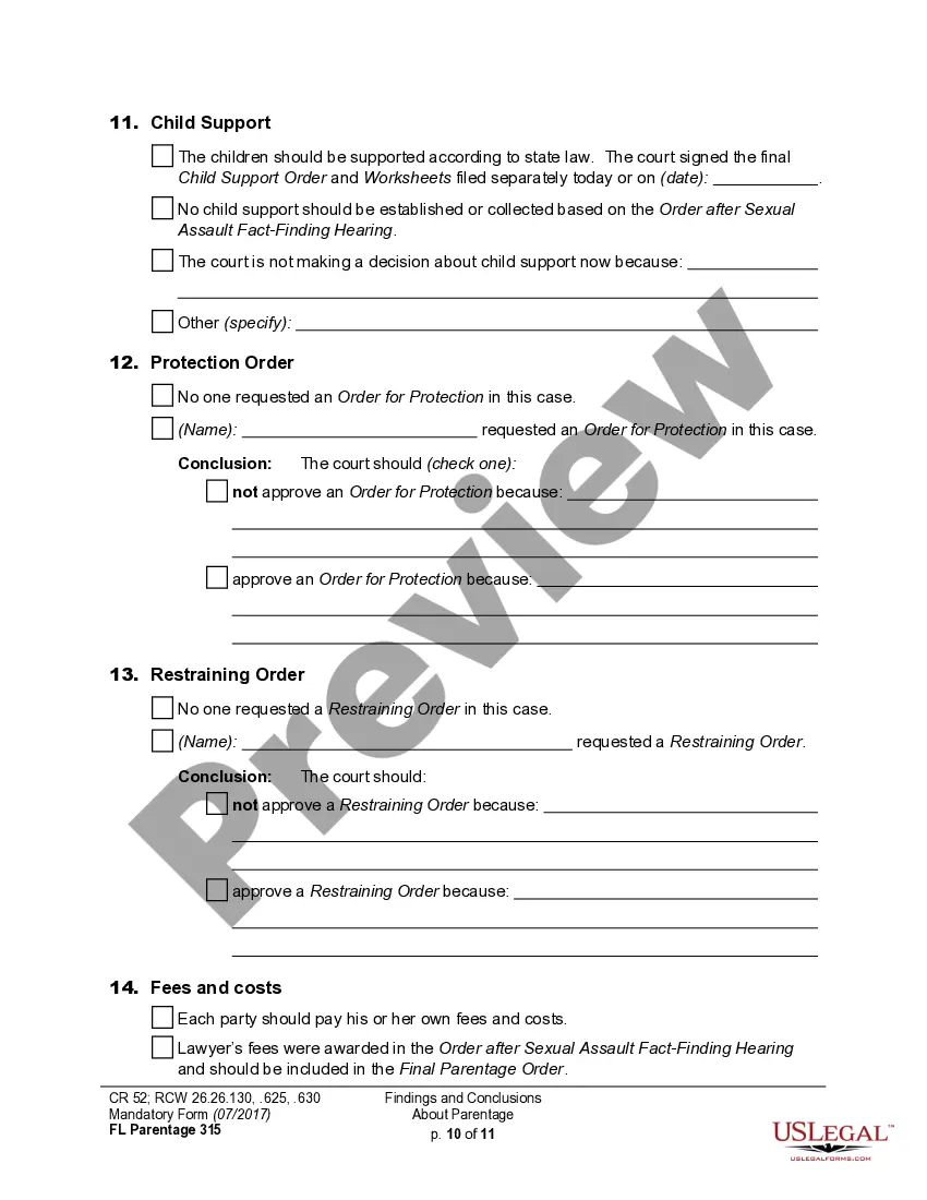 Preview WPF PS 04.0350 - Findings of Fact and Conclusions of Law - Parentage - FNFCL