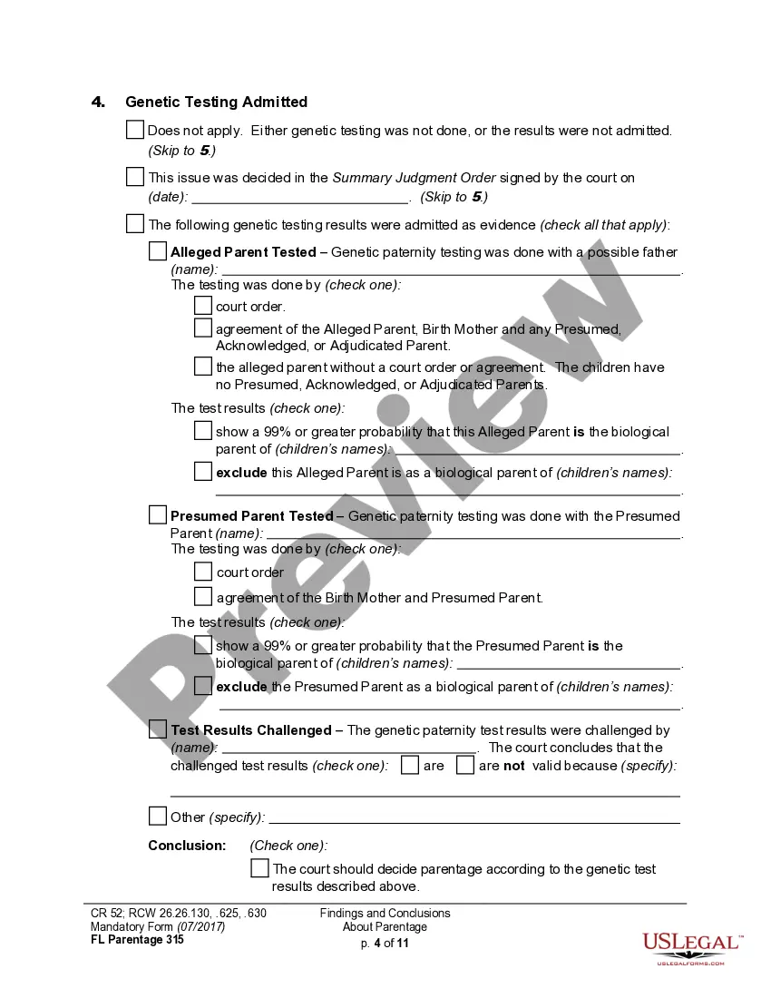 Preview WPF PS 04.0350 - Findings of Fact and Conclusions of Law - Parentage - FNFCL