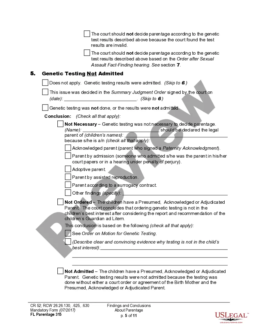 Preview WPF PS 04.0350 - Findings of Fact and Conclusions of Law - Parentage - FNFCL
