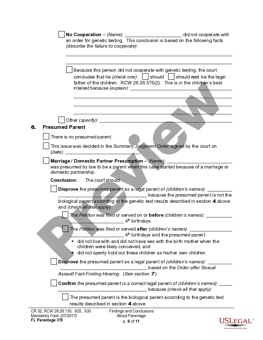 Preview WPF PS 04.0350 - Findings of Fact and Conclusions of Law - Parentage - FNFCL