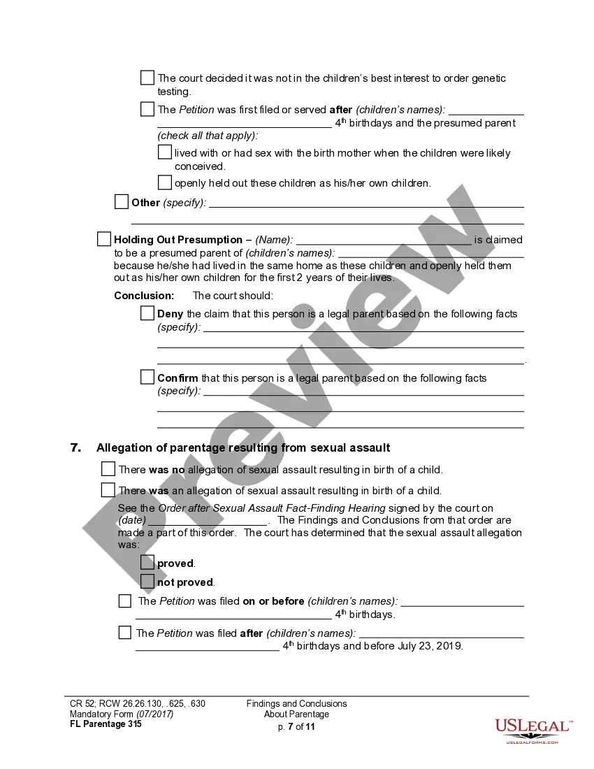 Preview WPF PS 04.0350 - Findings of Fact and Conclusions of Law - Parentage - FNFCL