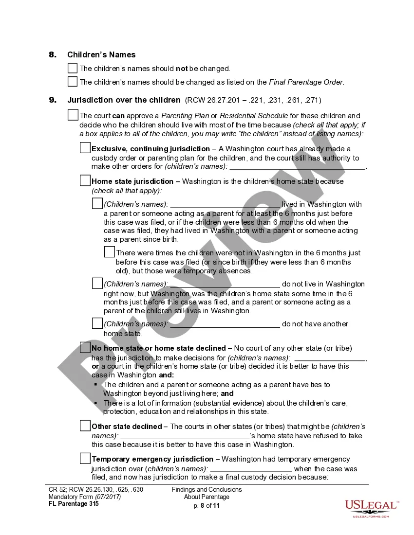 Preview WPF PS 04.0350 - Findings of Fact and Conclusions of Law - Parentage - FNFCL
