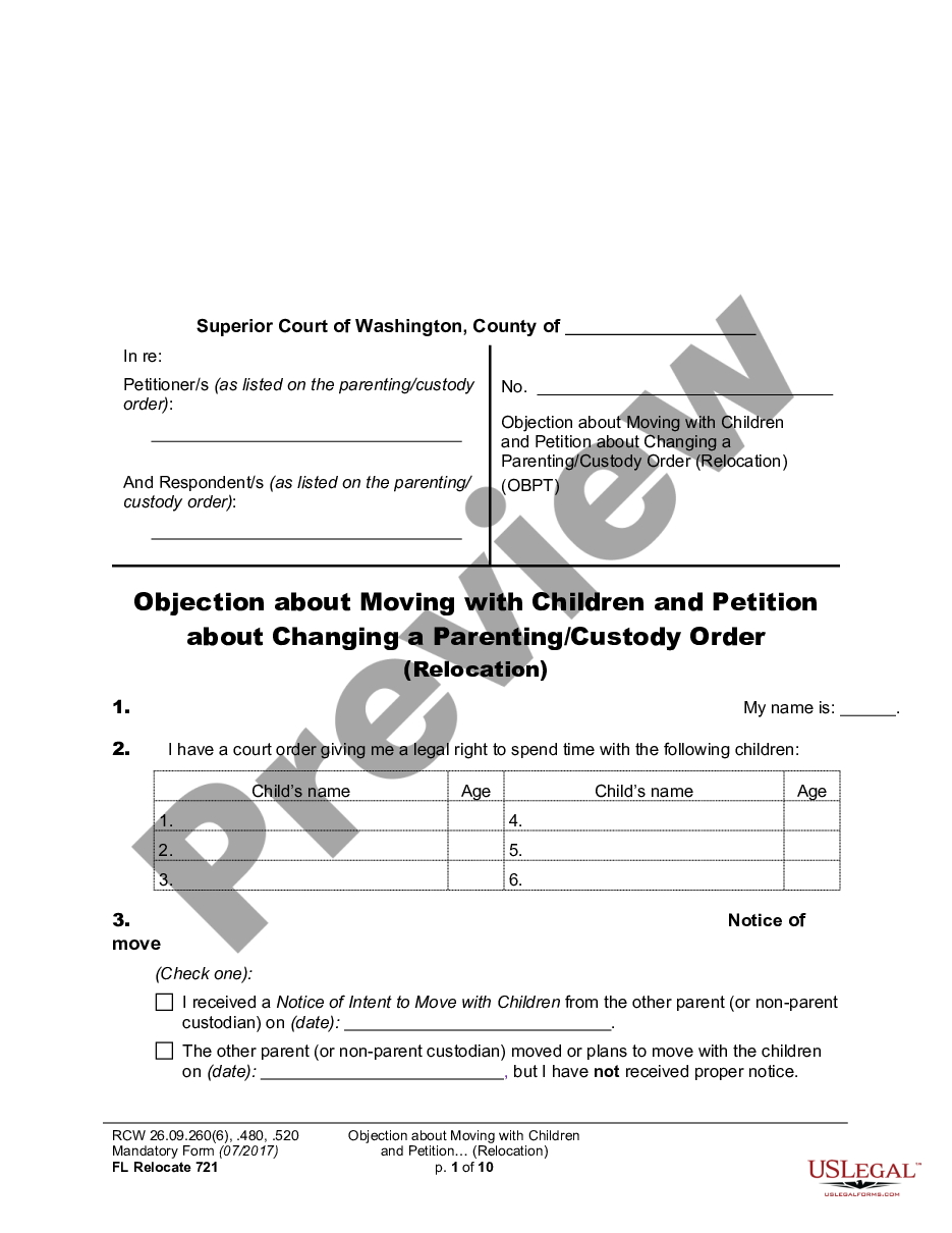 page 0 WPF DRPSCU07.0700 - Objection to Relocation - Petition for Modification or Amendment of Custody Decree - Parenting Plan - Residential Schedule preview