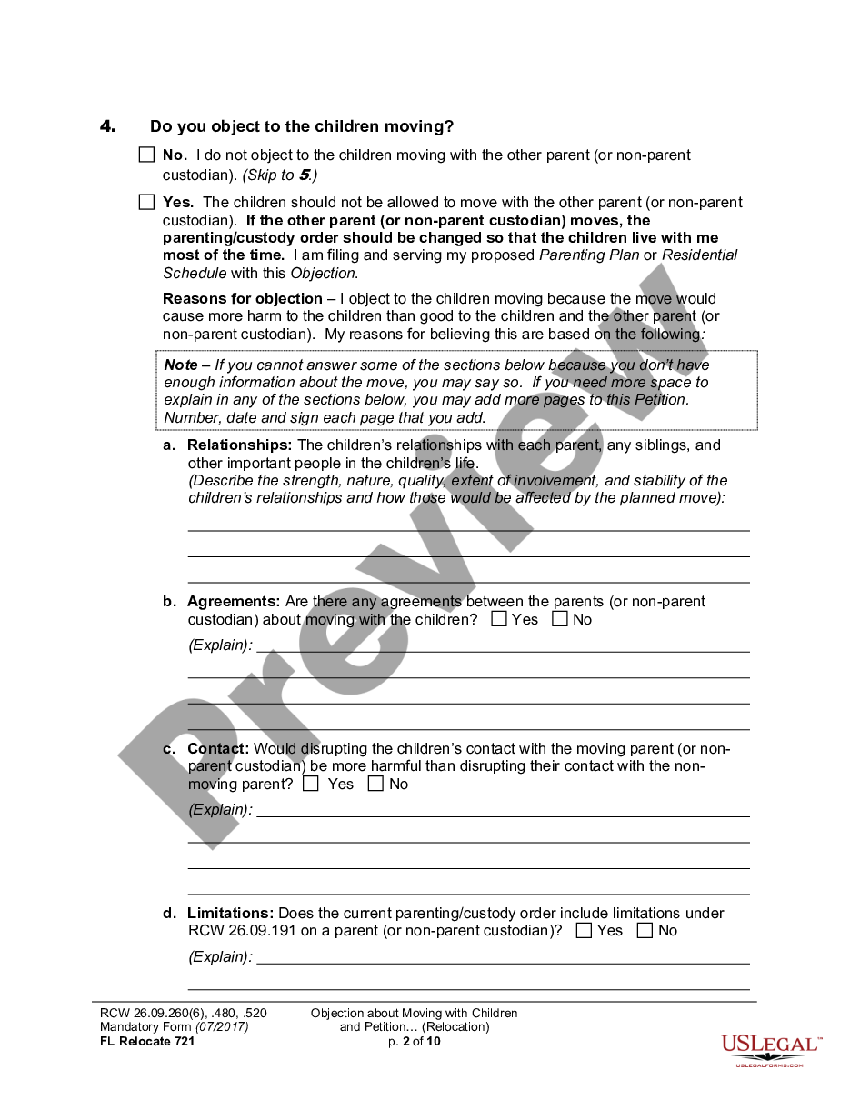 page 1 WPF DRPSCU07.0700 - Objection to Relocation - Petition for Modification or Amendment of Custody Decree - Parenting Plan - Residential Schedule preview