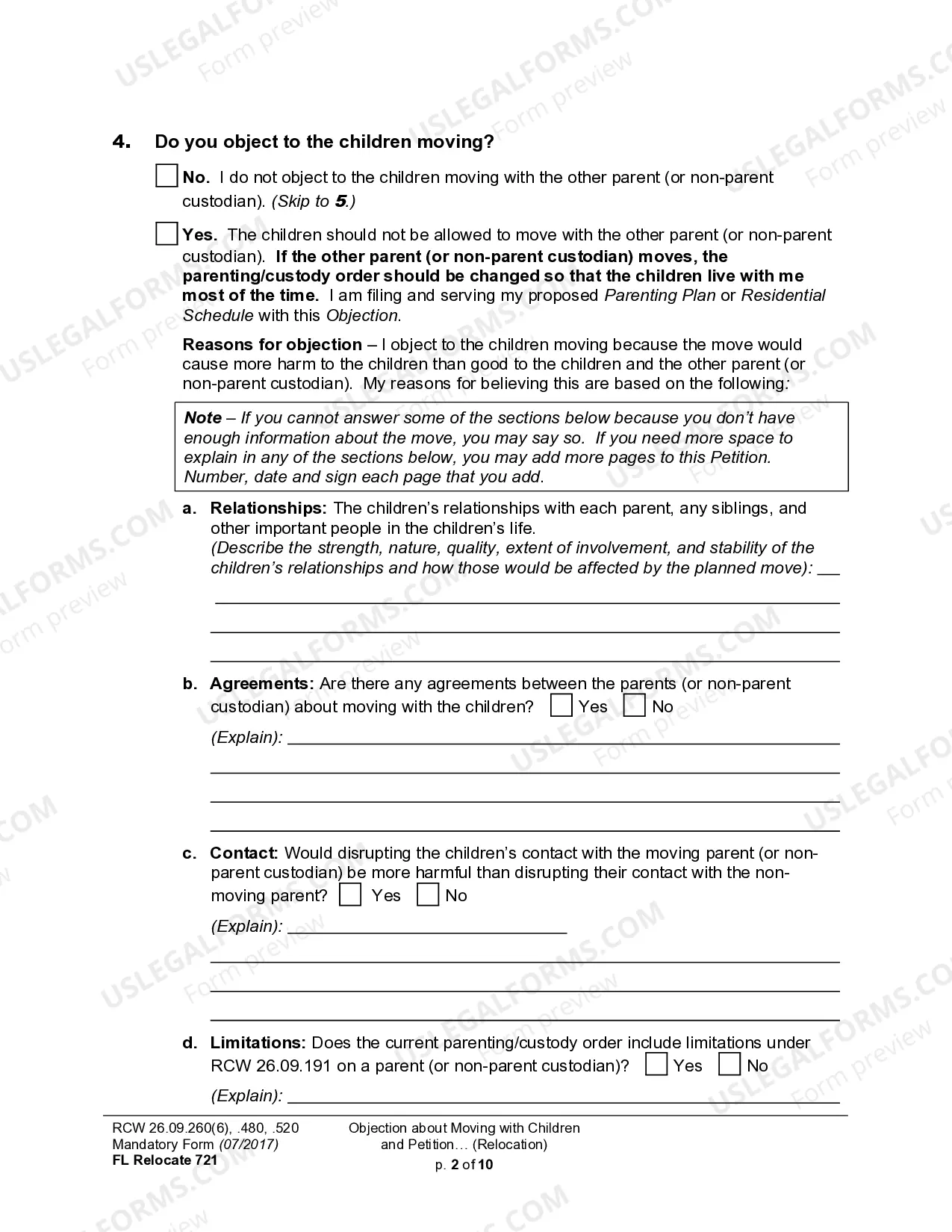 Preview WPF DRPSCU07.0700 - Objection to Relocation - Petition for Modification or Amendment of Custody Decree - Parenting Plan - Residential Schedule