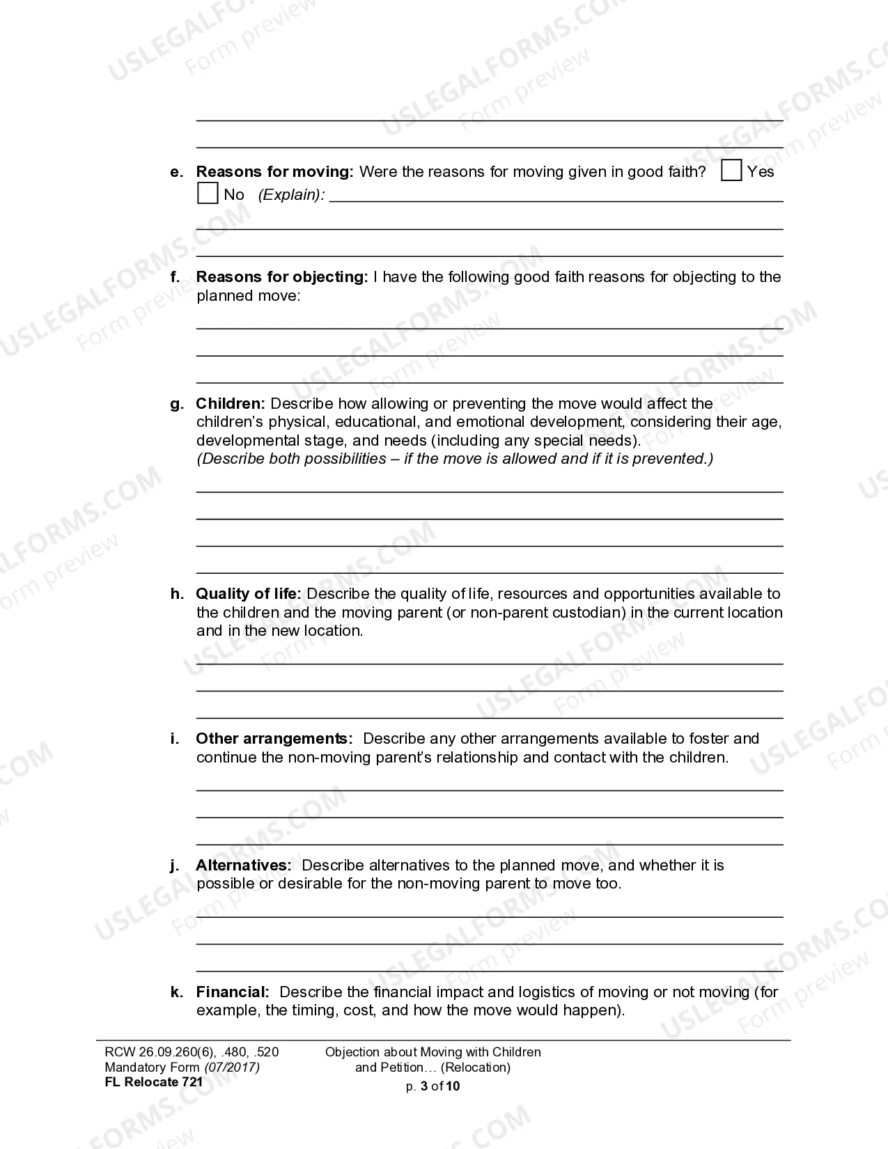 Preview WPF DRPSCU07.0700 - Objection to Relocation - Petition for Modification or Amendment of Custody Decree - Parenting Plan - Residential Schedule