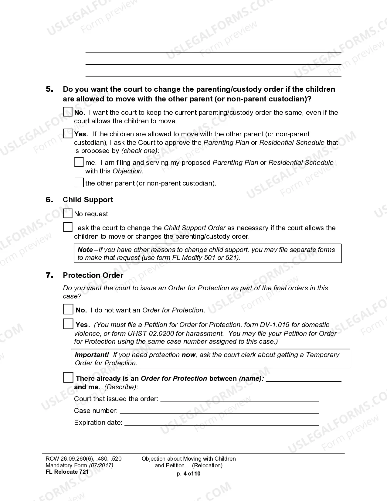 Preview WPF DRPSCU07.0700 - Objection to Relocation - Petition for Modification or Amendment of Custody Decree - Parenting Plan - Residential Schedule