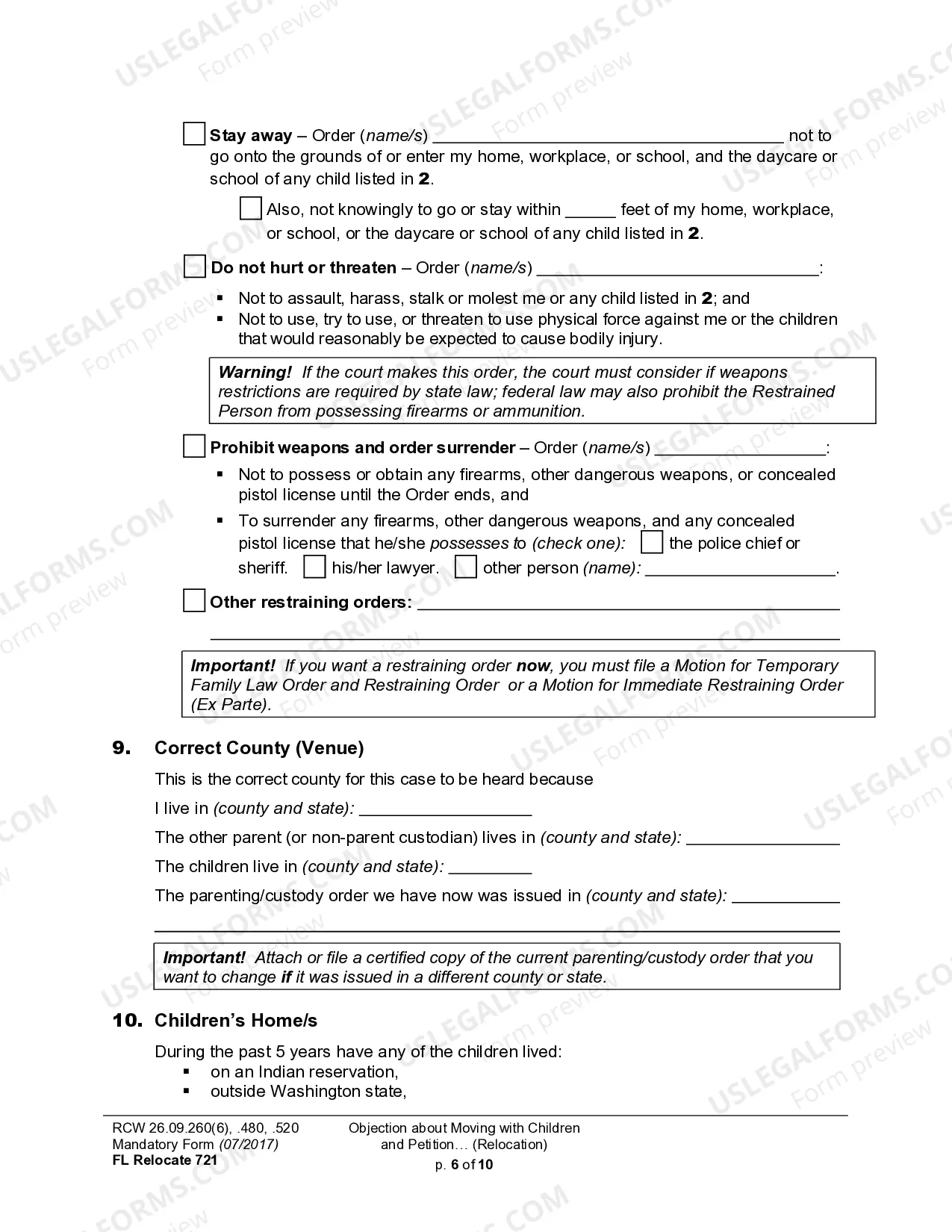 Preview WPF DRPSCU07.0700 - Objection to Relocation - Petition for Modification or Amendment of Custody Decree - Parenting Plan - Residential Schedule