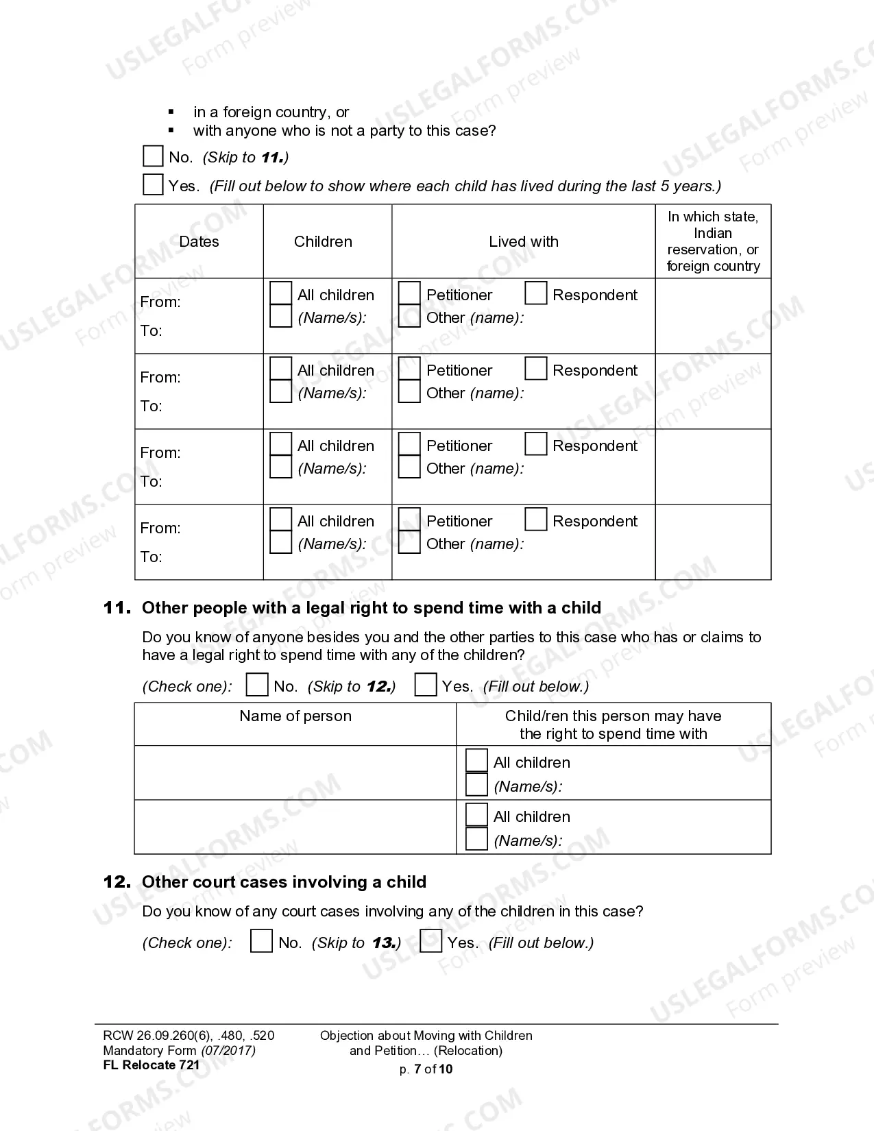 Preview WPF DRPSCU07.0700 - Objection to Relocation - Petition for Modification or Amendment of Custody Decree - Parenting Plan - Residential Schedule