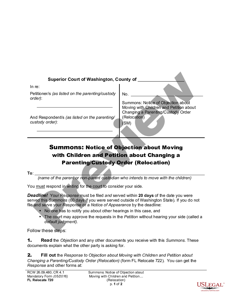 page 0 WPF DRPSCU 07.0720 - Summons - Objection to Relocation - Petition for Modification or Amendment of Custody Decree - Parenting Plan - Residential Schedule preview