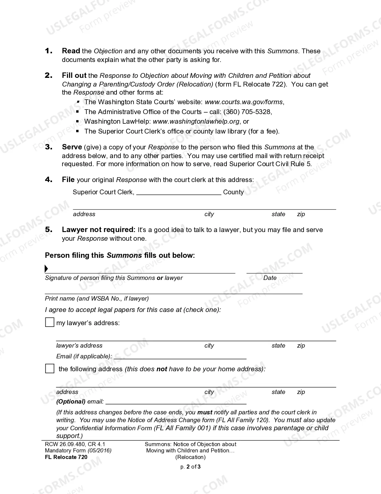 Preview WPF DRPSCU 07.0720 - Summons - Objection to Relocation - Petition for Modification or Amendment of Custody Decree - Parenting Plan - Residential Schedule