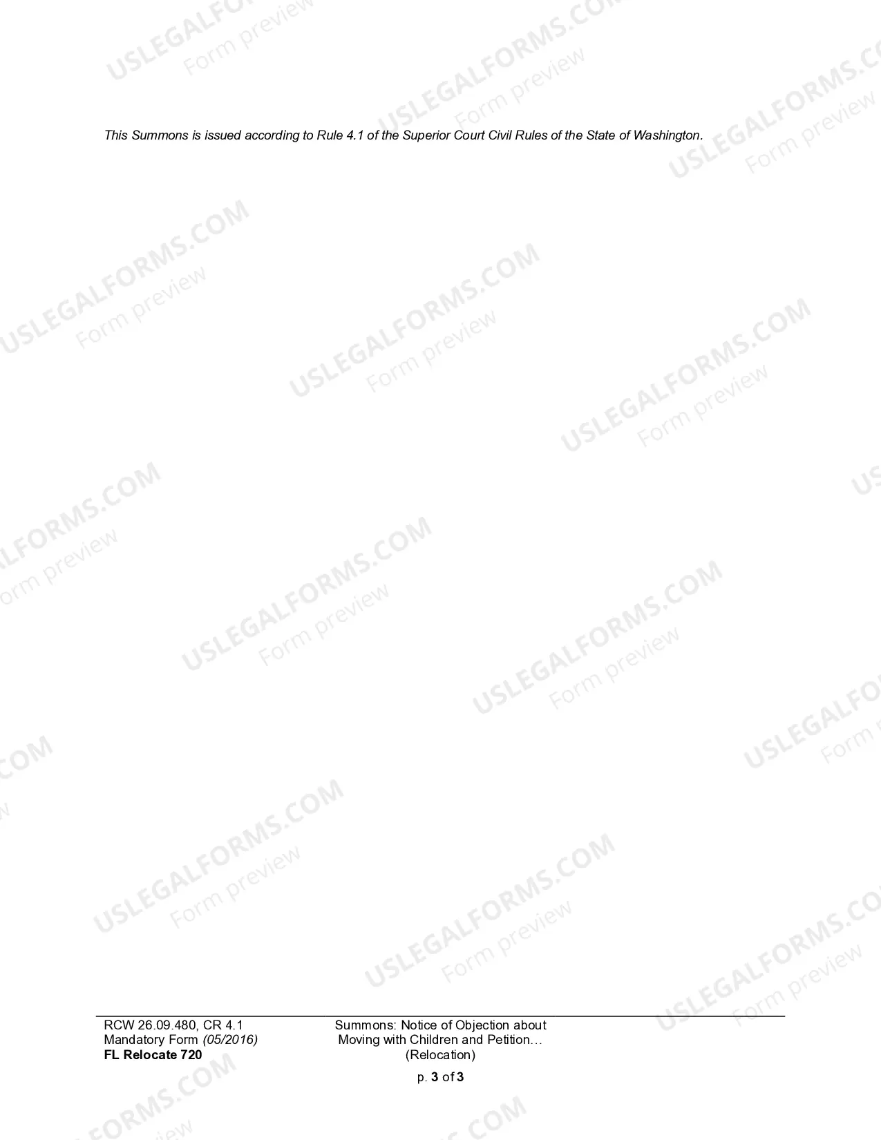 Preview WPF DRPSCU 07.0720 - Summons - Objection to Relocation - Petition for Modification or Amendment of Custody Decree - Parenting Plan - Residential Schedule