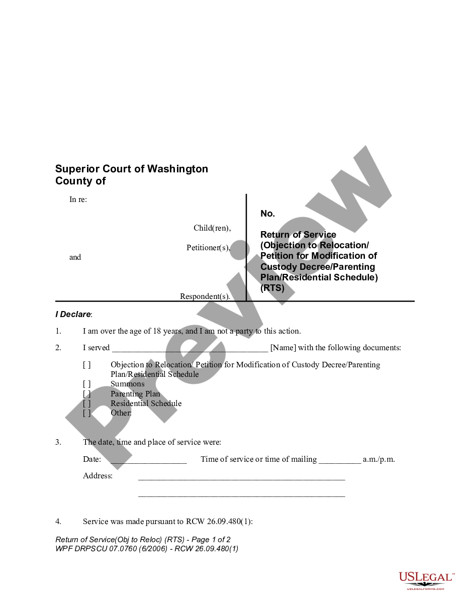 page 0 WPF DRPSCU07.0760 - Return of Service - Objection to Relocation - Petition for Modification or Amendment of Custody Decree - Parenting Plan - Residential Schedule preview