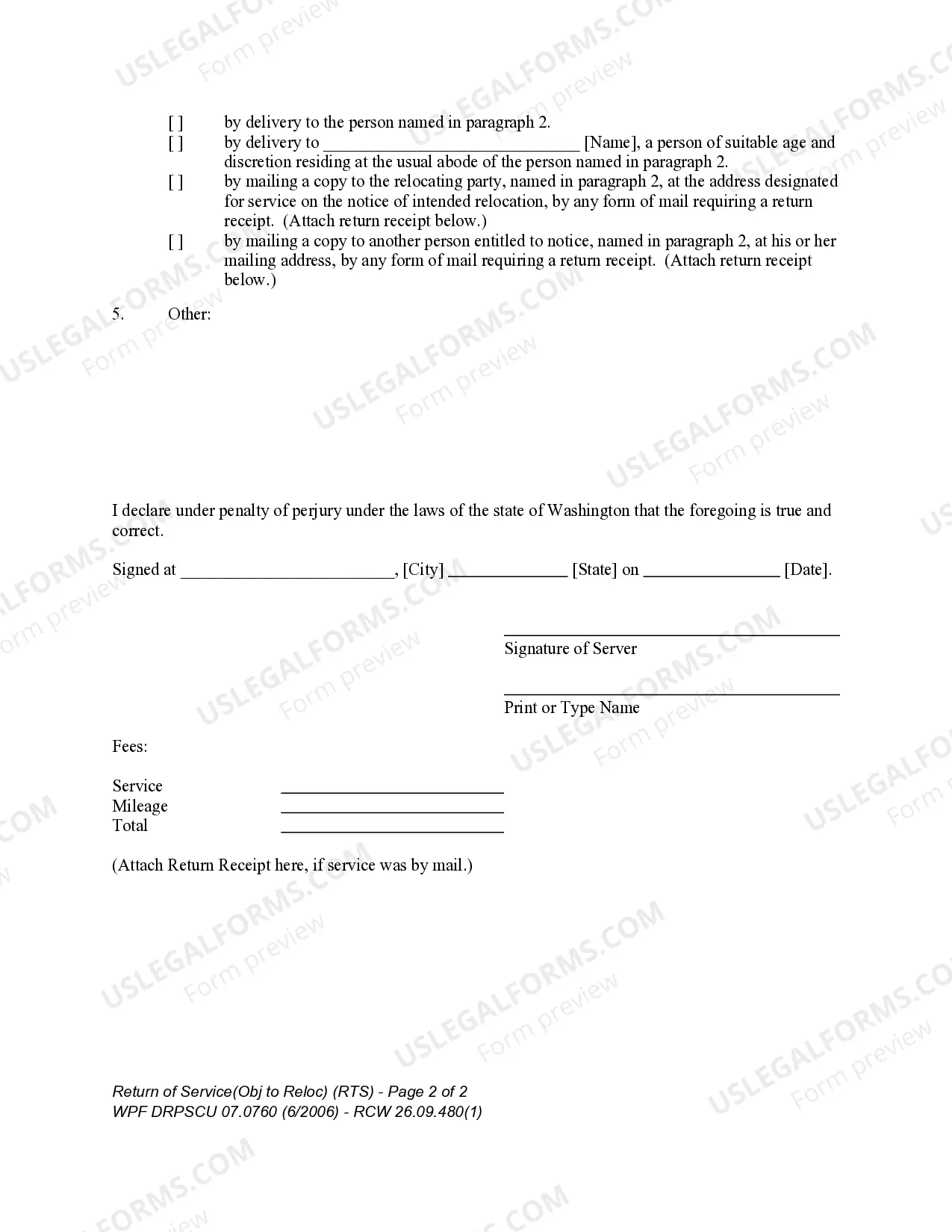 Preview WPF DRPSCU07.0760 - Return of Service - Objection to Relocation - Petition for Modification or Amendment of Custody Decree - Parenting Plan - Residential Schedule