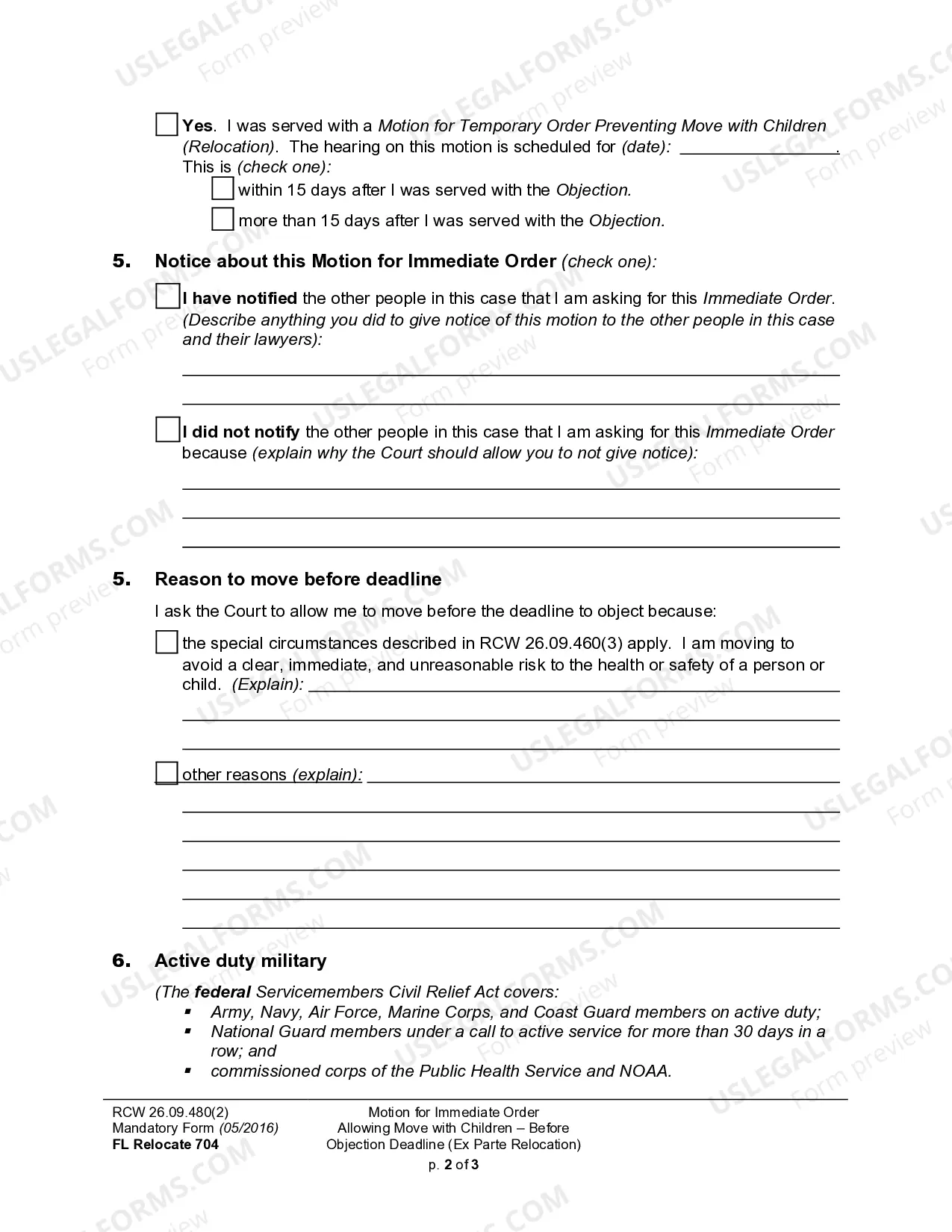Preview WPF DRPSCU07.0800 - Motion - Declaration for an Ex Parte Order Allowing Change of Children's Principal Residence - Relocation