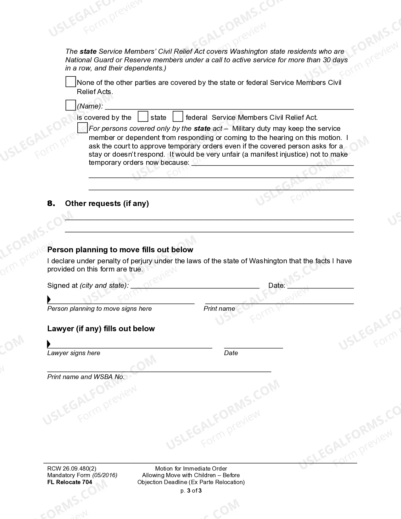 Preview WPF DRPSCU07.0800 - Motion - Declaration for an Ex Parte Order Allowing Change of Children's Principal Residence - Relocation
