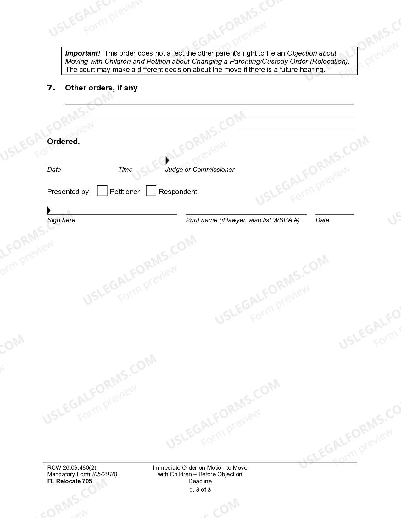 Preview WPF DRPSCU07.0830 - Ex Parte Order regarding Change of Children's Principal Residence - Relocation