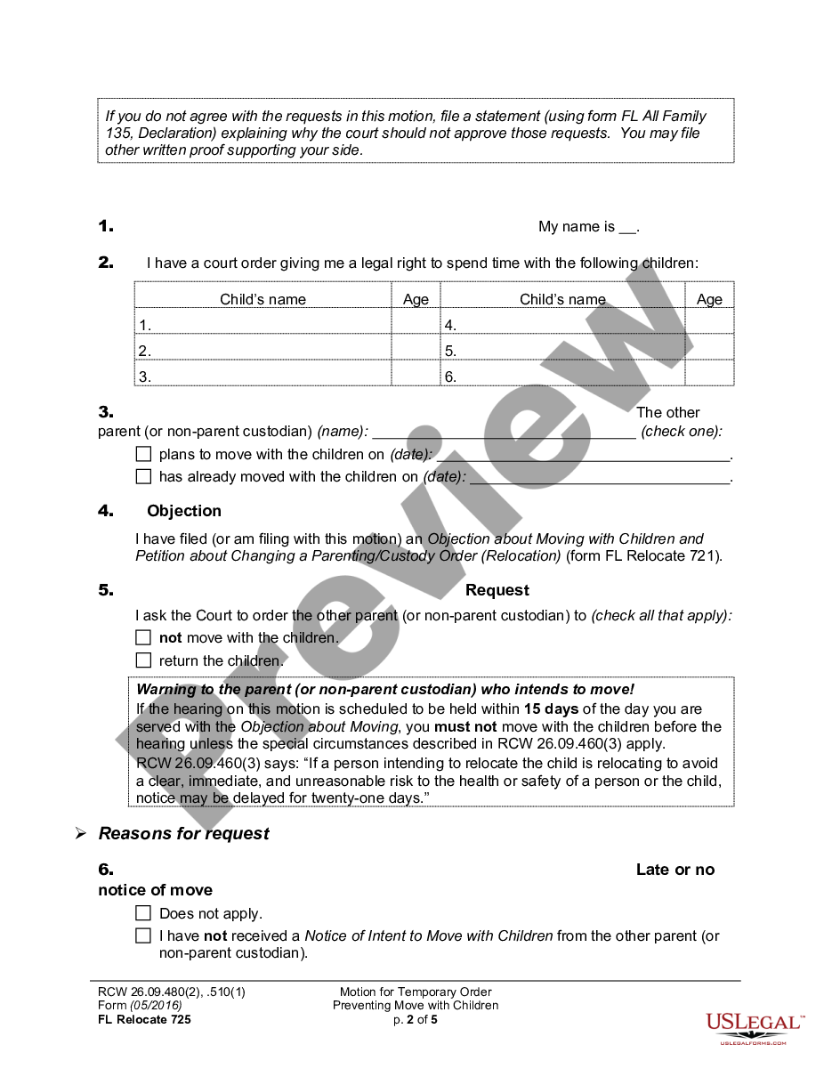 page 1 WPF DRPSCU07.0850 - Motion - Declaration for Temporary Order Restraining Relocation of Children preview