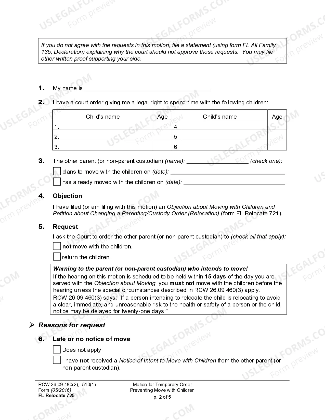 Preview WPF DRPSCU07.0850 - Motion - Declaration for Temporary Order Restraining Relocation of Children