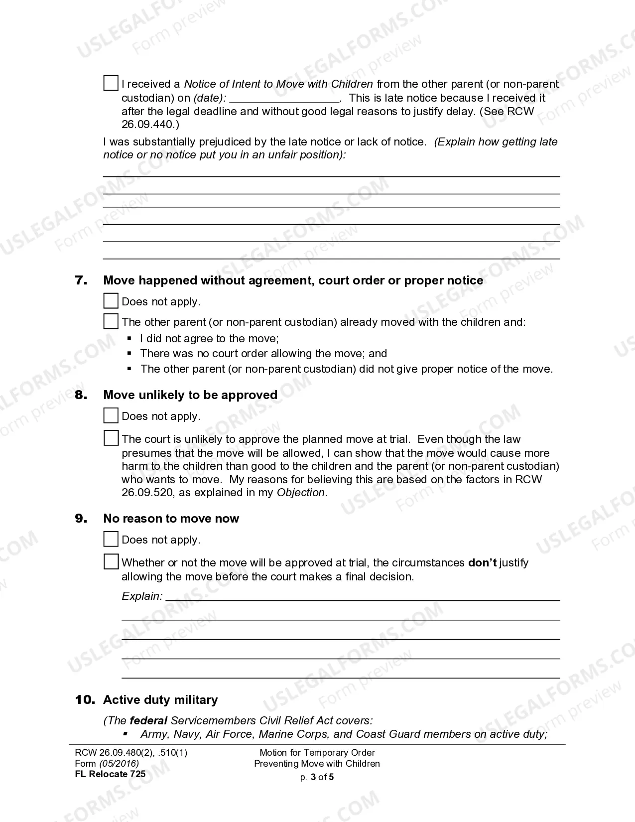 Preview WPF DRPSCU07.0850 - Motion - Declaration for Temporary Order Restraining Relocation of Children