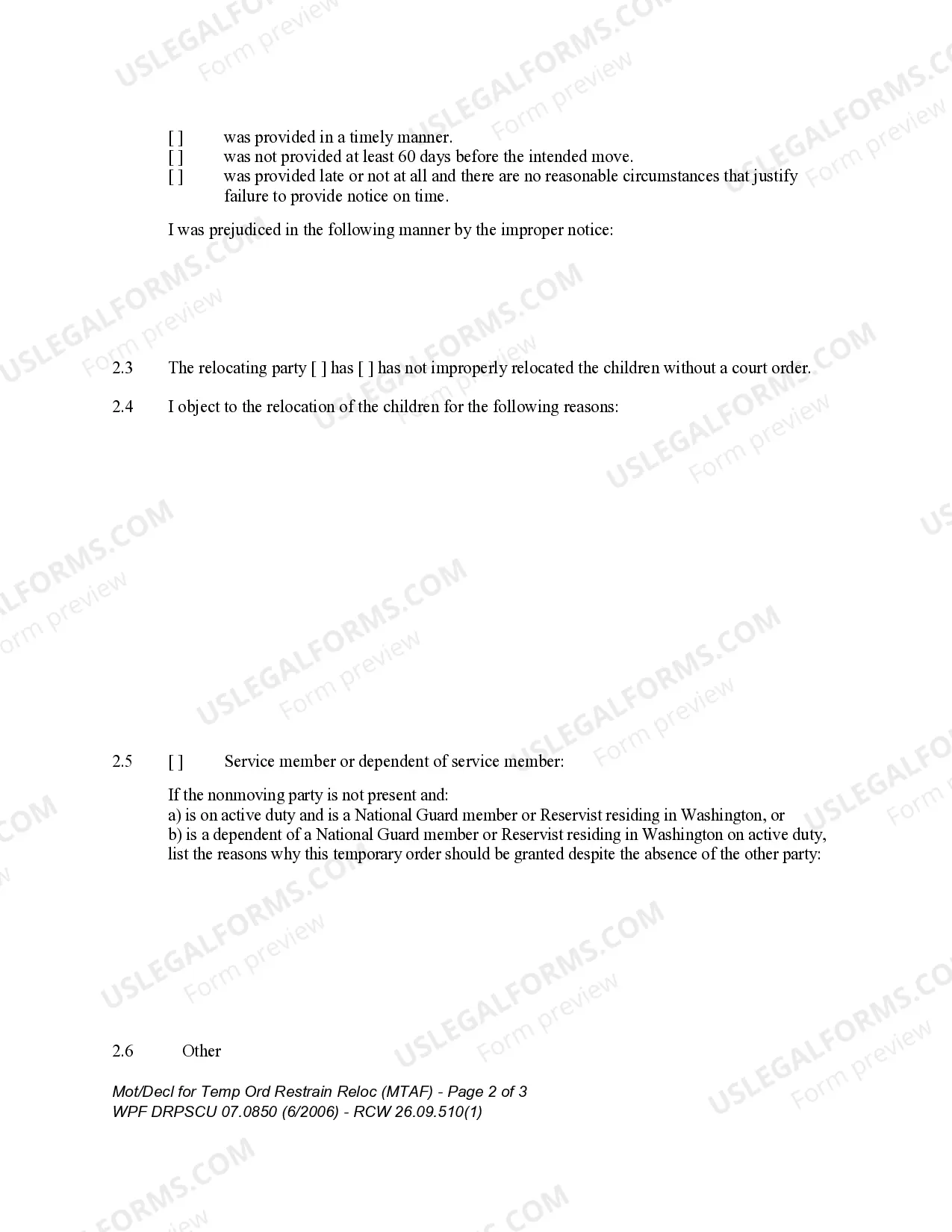 Preview WPF DRPSCU07.0870 - Motion - Declaration for Temporary Order Permitting Relocation of Children