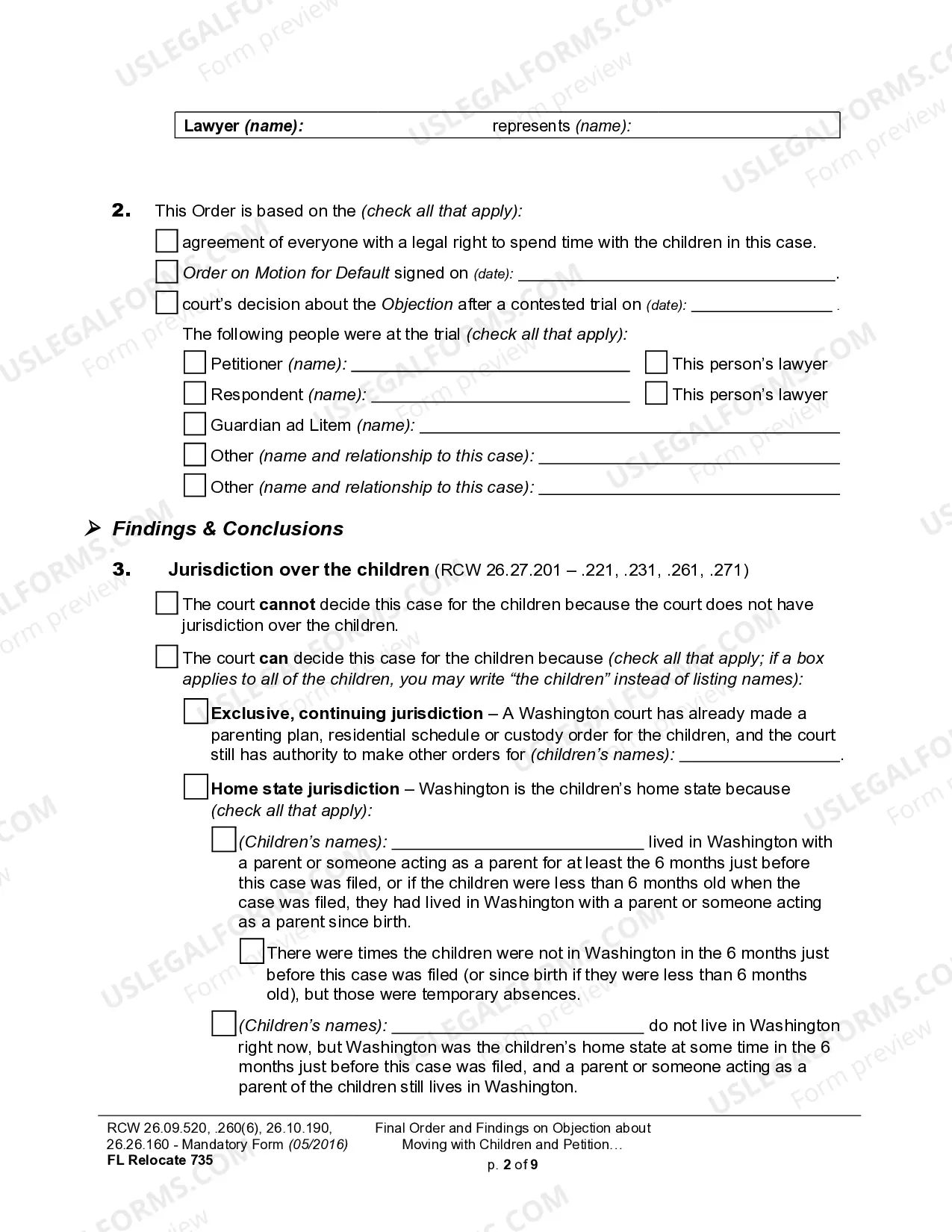 Preview WPF DRPSCU07.0900 - Order Re Objection to Relocation - Modification or Amendment of Custody Decree - Parenting Plan - Residential Schedule - Relocation