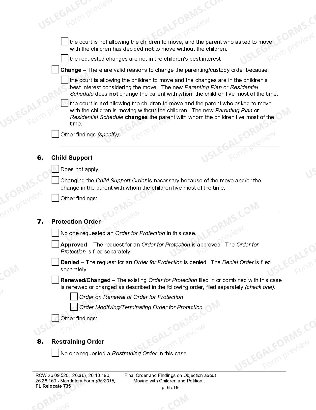 Preview WPF DRPSCU07.0900 - Order Re Objection to Relocation - Modification or Amendment of Custody Decree - Parenting Plan - Residential Schedule - Relocation