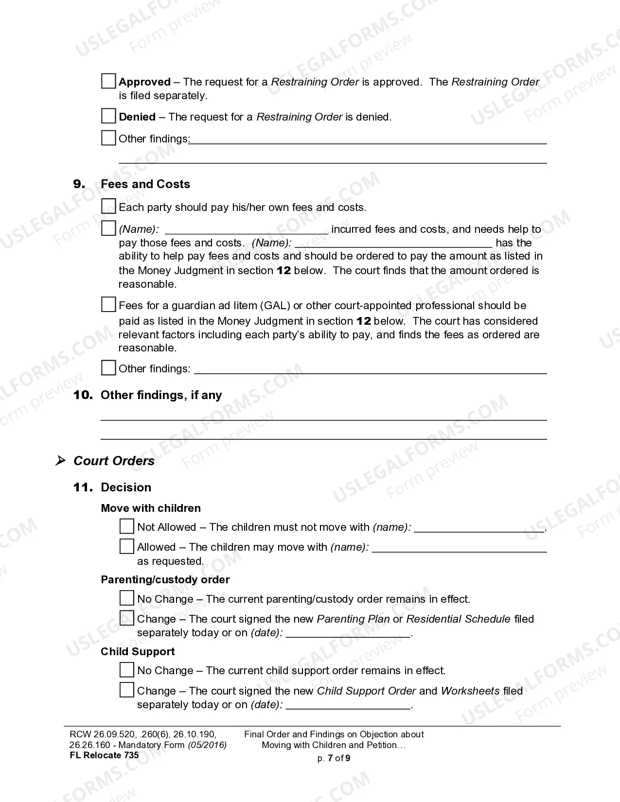 Preview WPF DRPSCU07.0900 - Order Re Objection to Relocation - Modification or Amendment of Custody Decree - Parenting Plan - Residential Schedule - Relocation