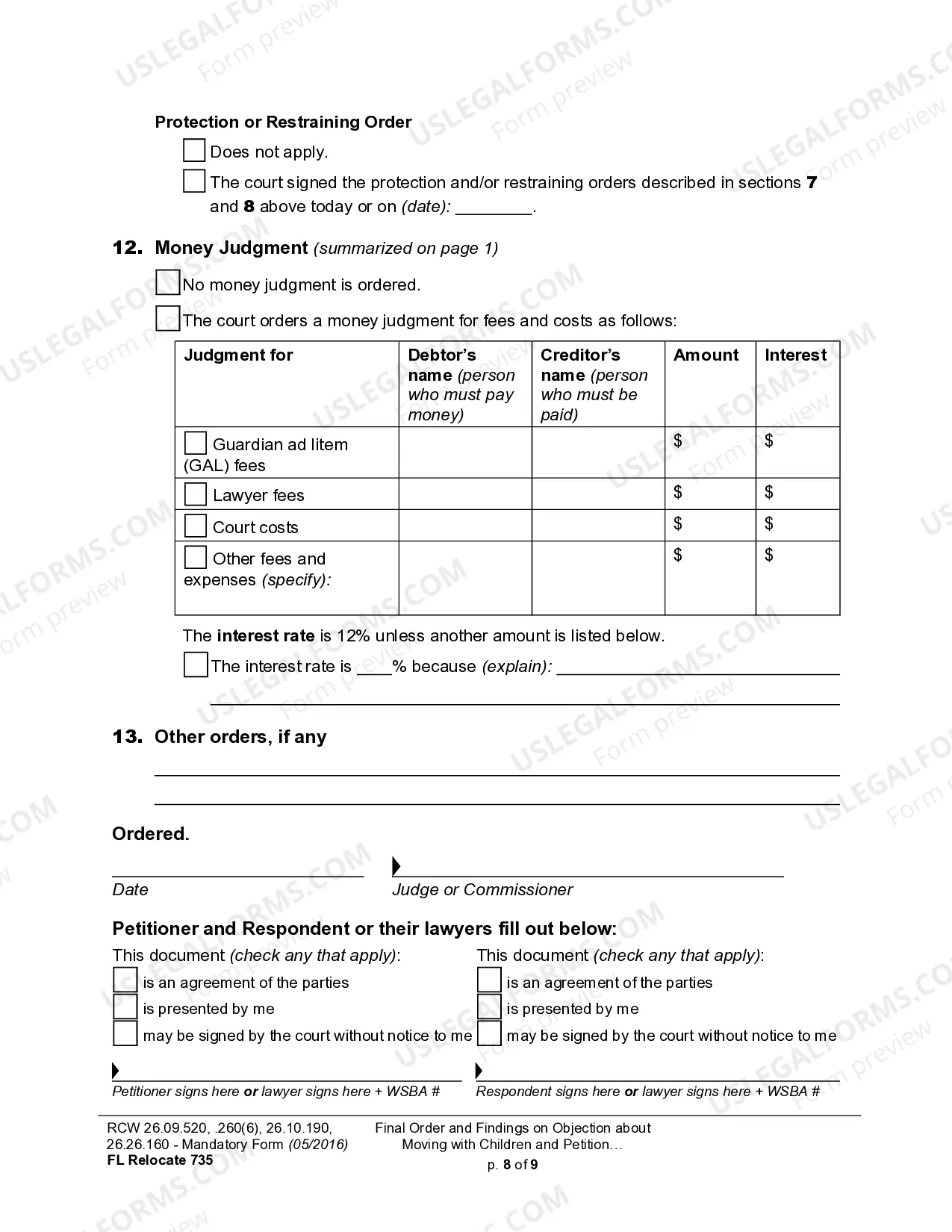 Preview WPF DRPSCU07.0900 - Order Re Objection to Relocation - Modification or Amendment of Custody Decree - Parenting Plan - Residential Schedule - Relocation