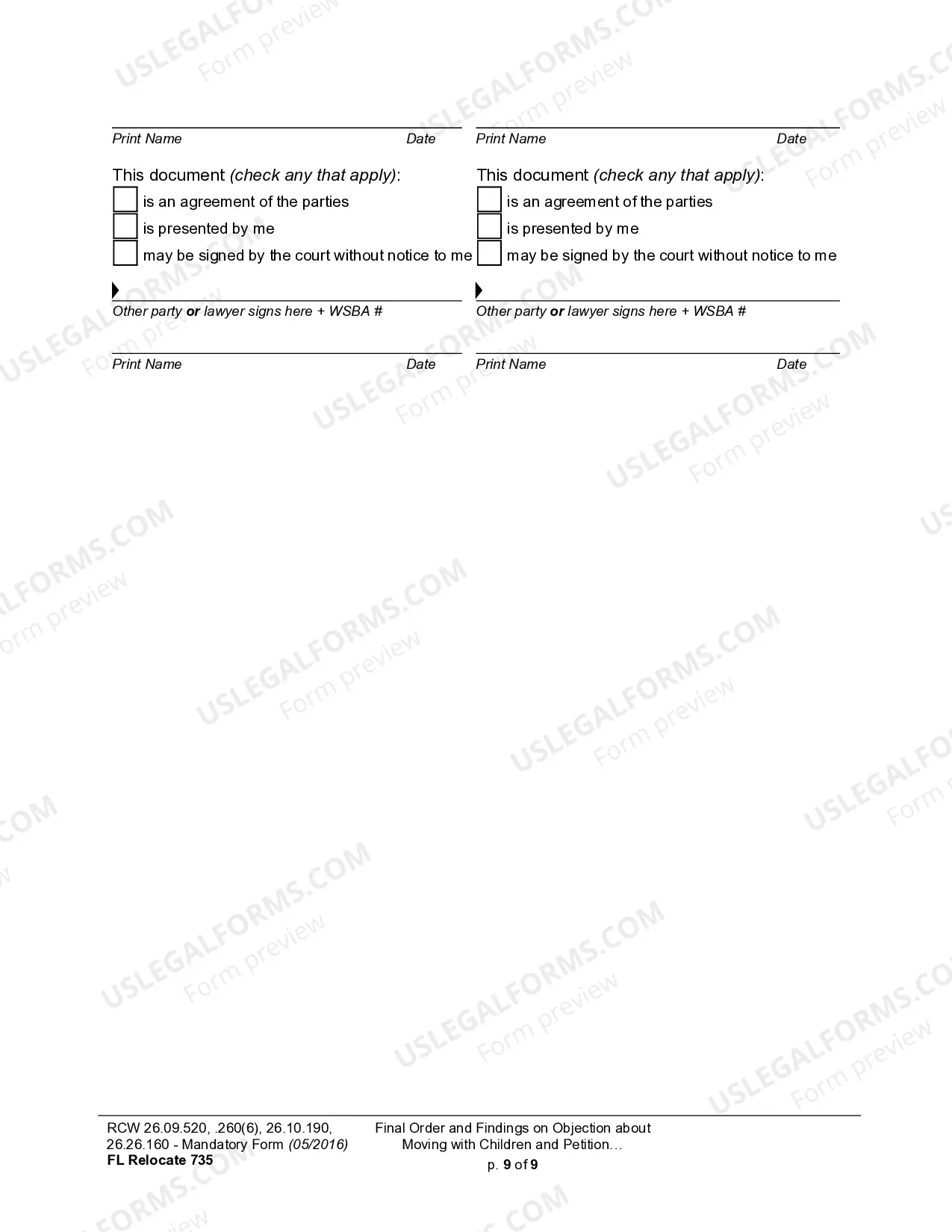 Preview WPF DRPSCU07.0900 - Order Re Objection to Relocation - Modification or Amendment of Custody Decree - Parenting Plan - Residential Schedule - Relocation