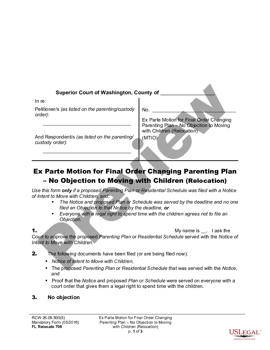 form WPF DRPSCU07.0950 - Motion - Declaration for Ex Parte Order Modifying Parenting Plan - Residential Schedule - Relocation preview
