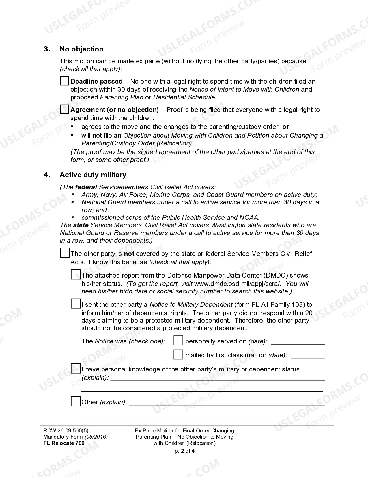 Preview WPF DRPSCU07.0950 - Motion - Declaration for Ex Parte Order Modifying Parenting Plan - Residential Schedule - Relocation