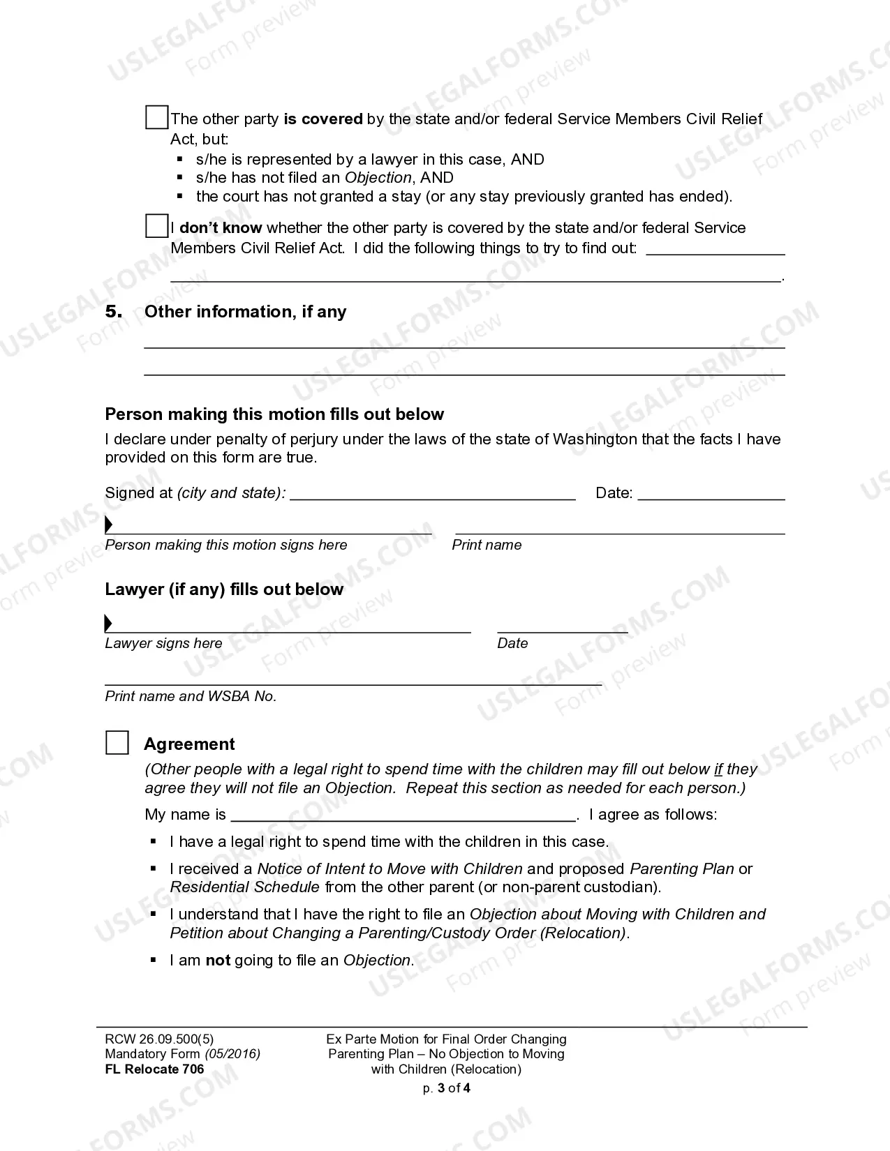 Preview WPF DRPSCU07.0950 - Motion - Declaration for Ex Parte Order Modifying Parenting Plan - Residential Schedule - Relocation