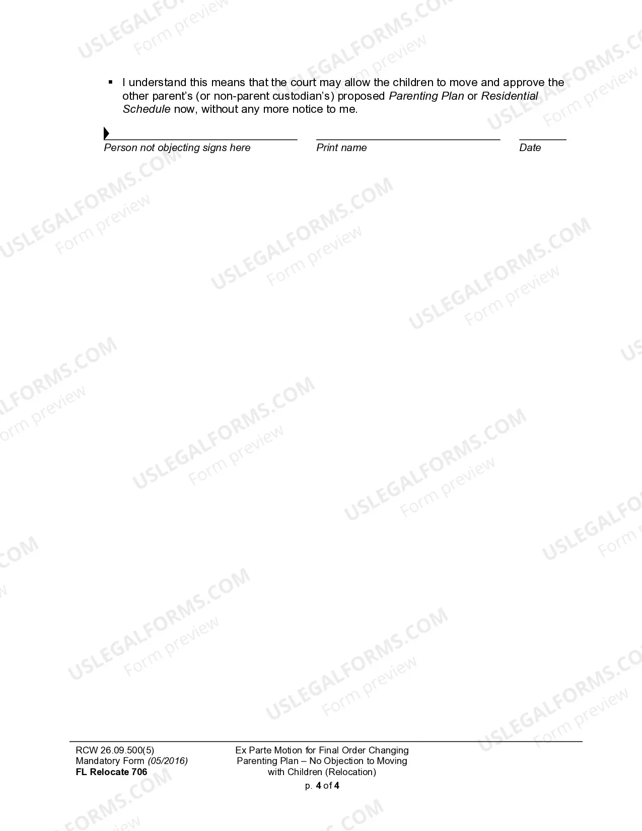 Preview WPF DRPSCU07.0950 - Motion - Declaration for Ex Parte Order Modifying Parenting Plan - Residential Schedule - Relocation