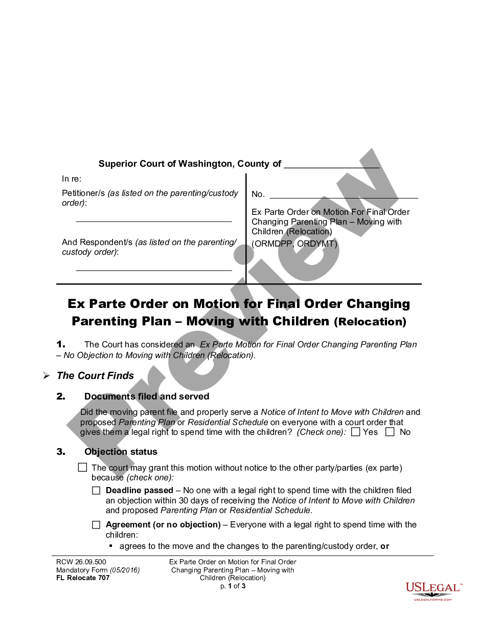 form WPF DRPSCU07.0955 - Ex Parte Order Modifying Parenting Plan - Residential Schedule - Relocation preview
