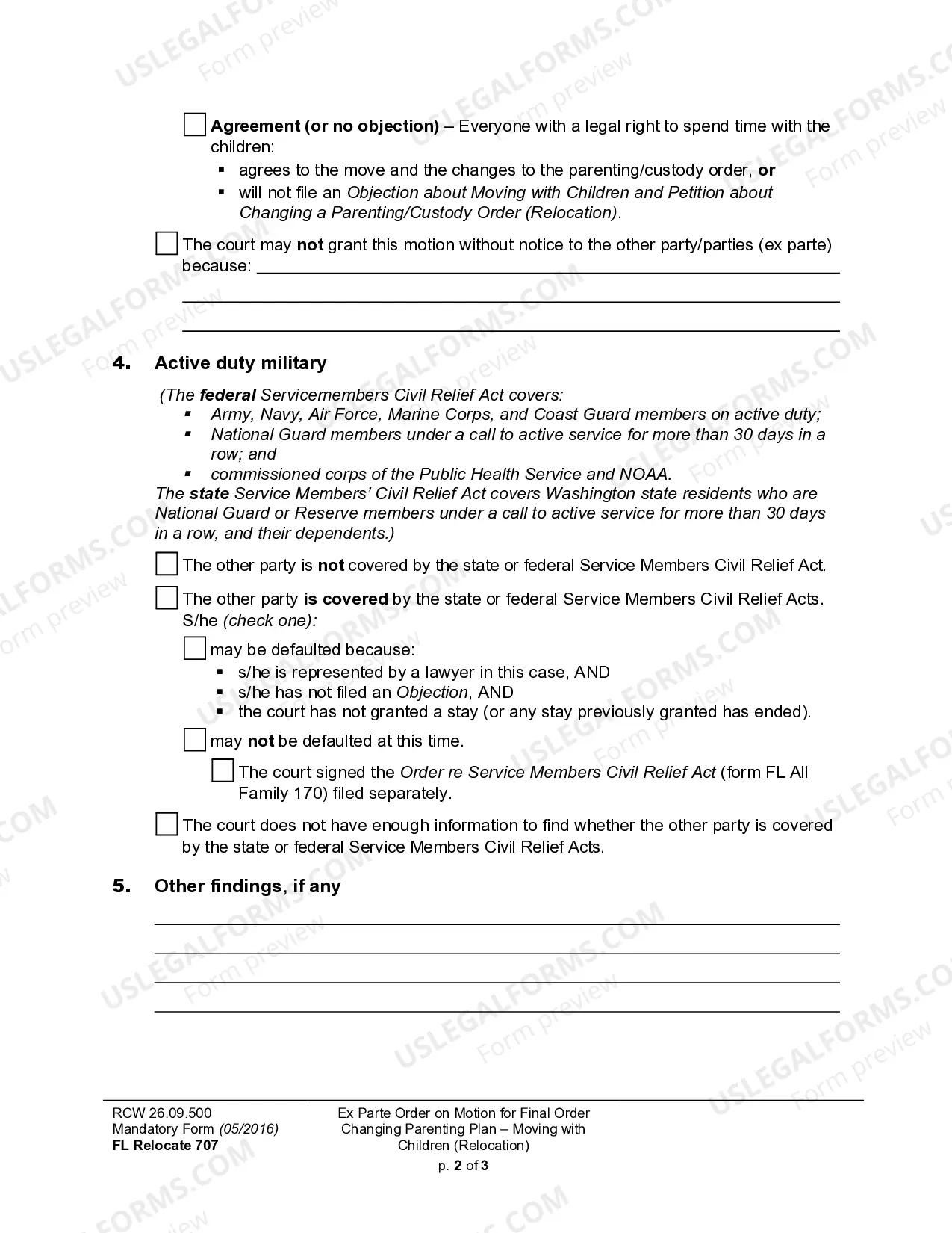 Preview WPF DRPSCU07.0955 - Ex Parte Order Modifying Parenting Plan - Residential Schedule - Relocation