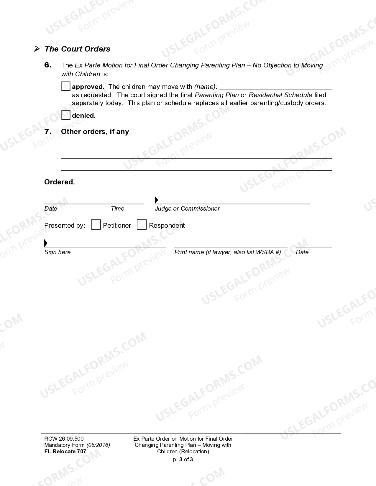 Preview WPF DRPSCU07.0955 - Ex Parte Order Modifying Parenting Plan - Residential Schedule - Relocation