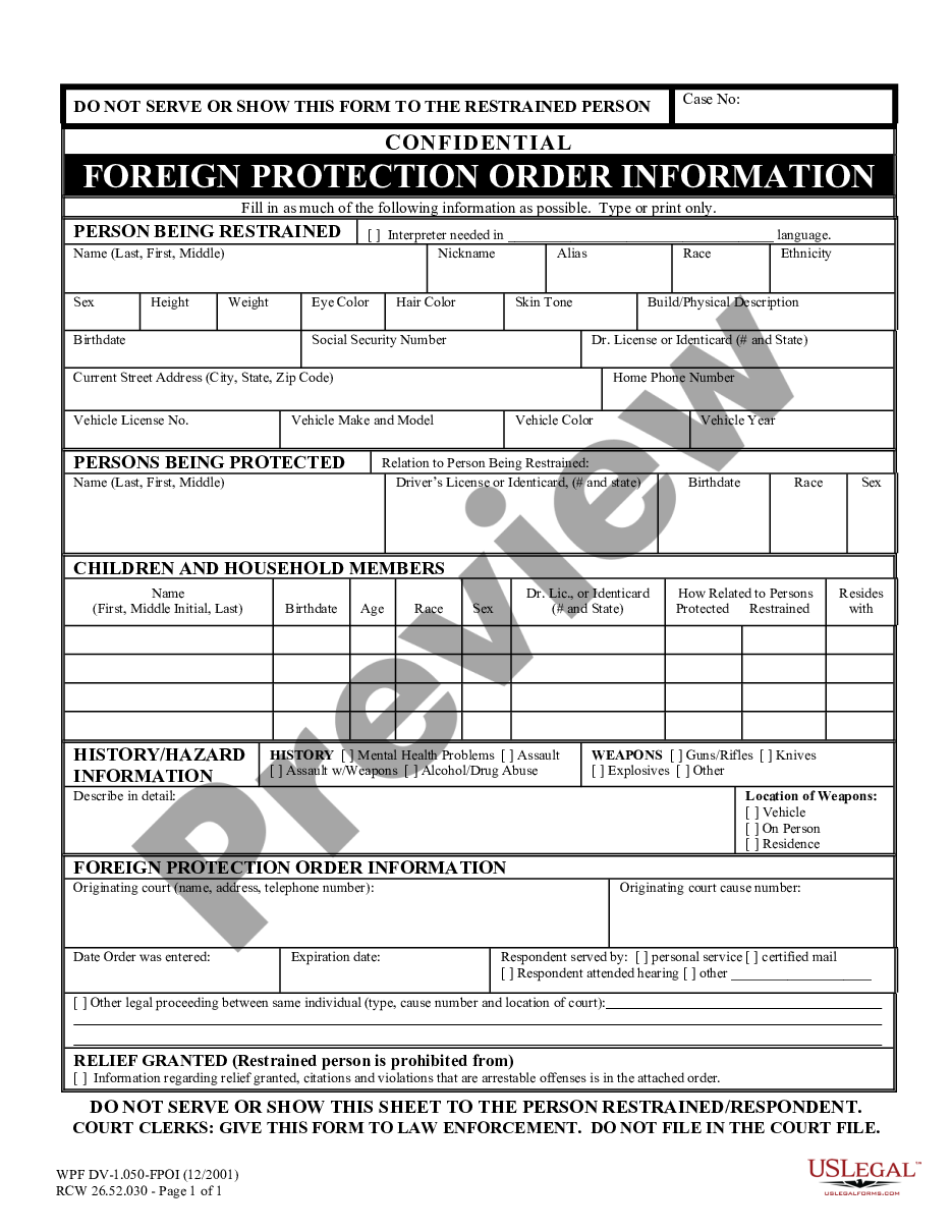 form WPF DV 1.050 - Foreign Protection Order Information preview