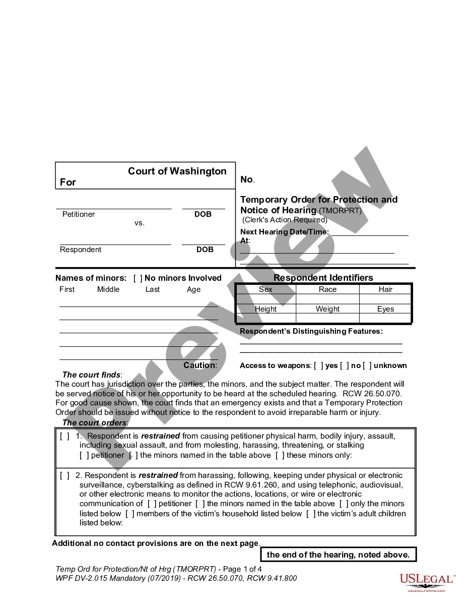 form WPF DV 2.015 - Temporary Order for Protection and Notice of Hearing - All Cases preview