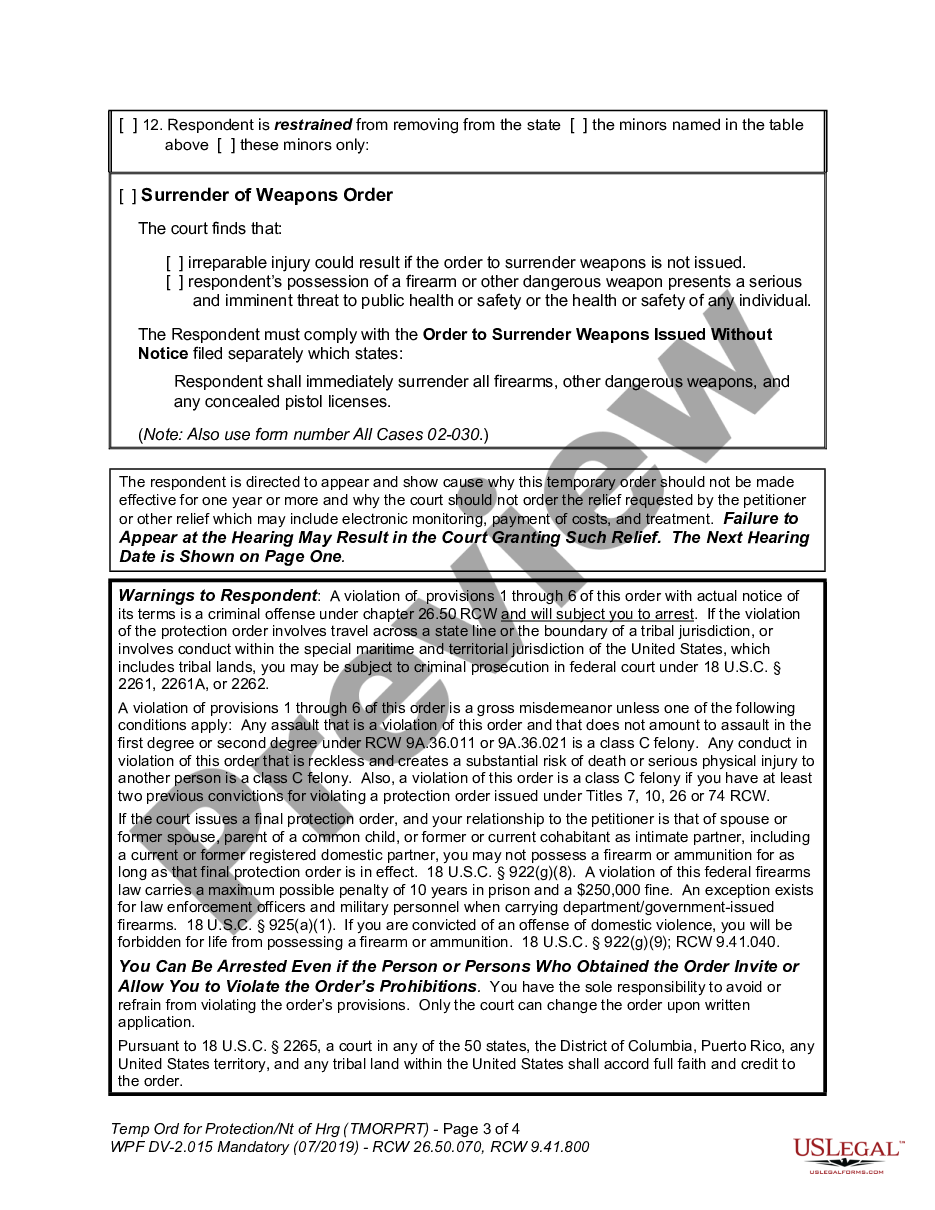 page 2 WPF DV 2.015 - Temporary Order for Protection and Notice of Hearing - All Cases preview