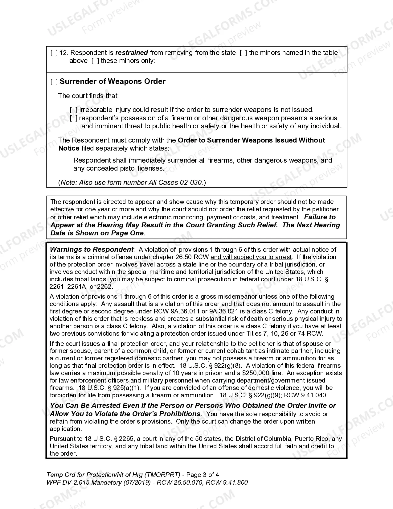 Preview WPF DV 2.015 - Temporary Order for Protection and Notice of Hearing - All Cases