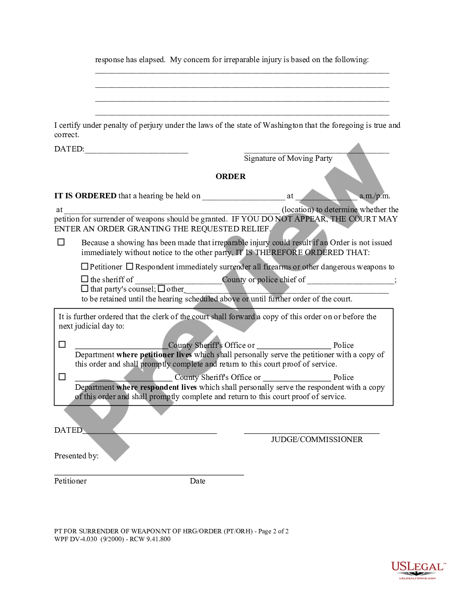 page 1 WPF DV 4.030 - Petition for Surrender of Weapon, Notice of Hearing and Order preview
