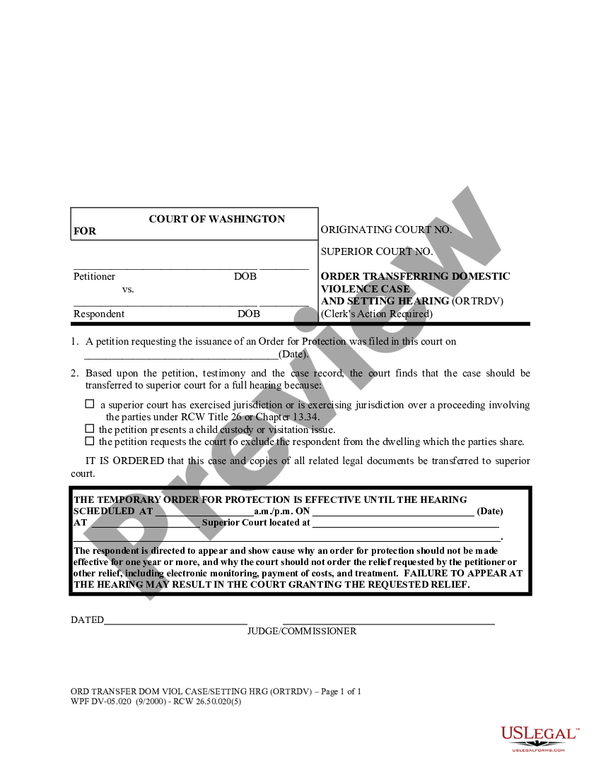 form WPF DV 5.020 - Order Transferring Domestic Violence Case and Setting Hearing preview