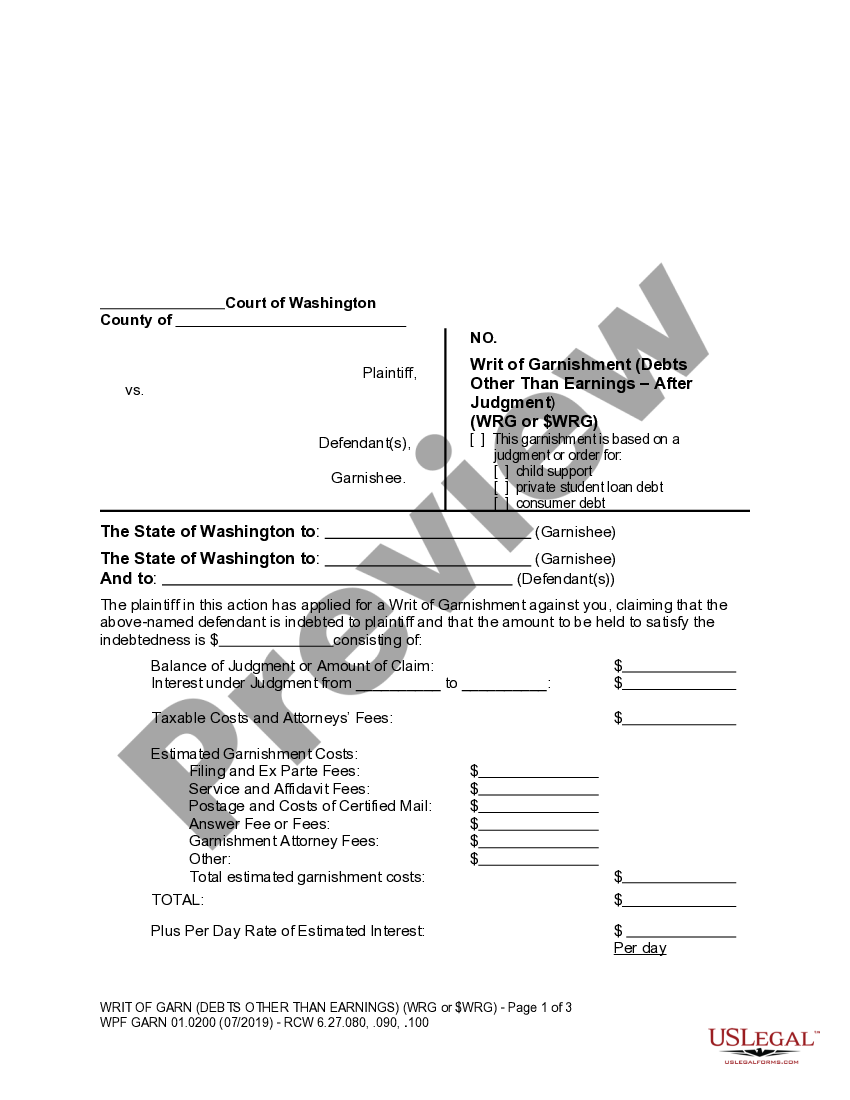Washington WPF GARN 01.0200 Writ of Garnishment Debts Other Than