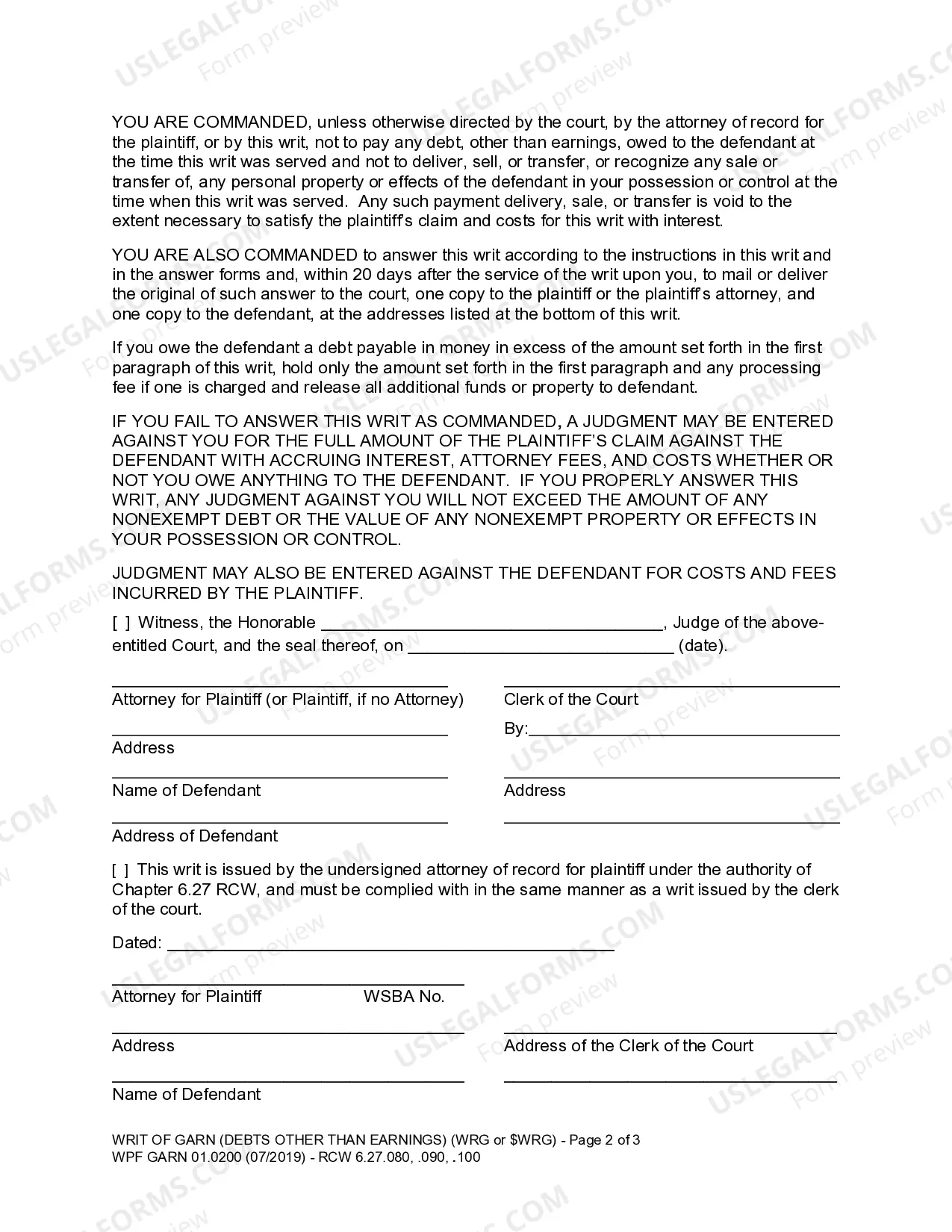 Preview WPF GARN 01.0200 - Writ of Garnishment - Debts Other Than Earnings - After Judgment