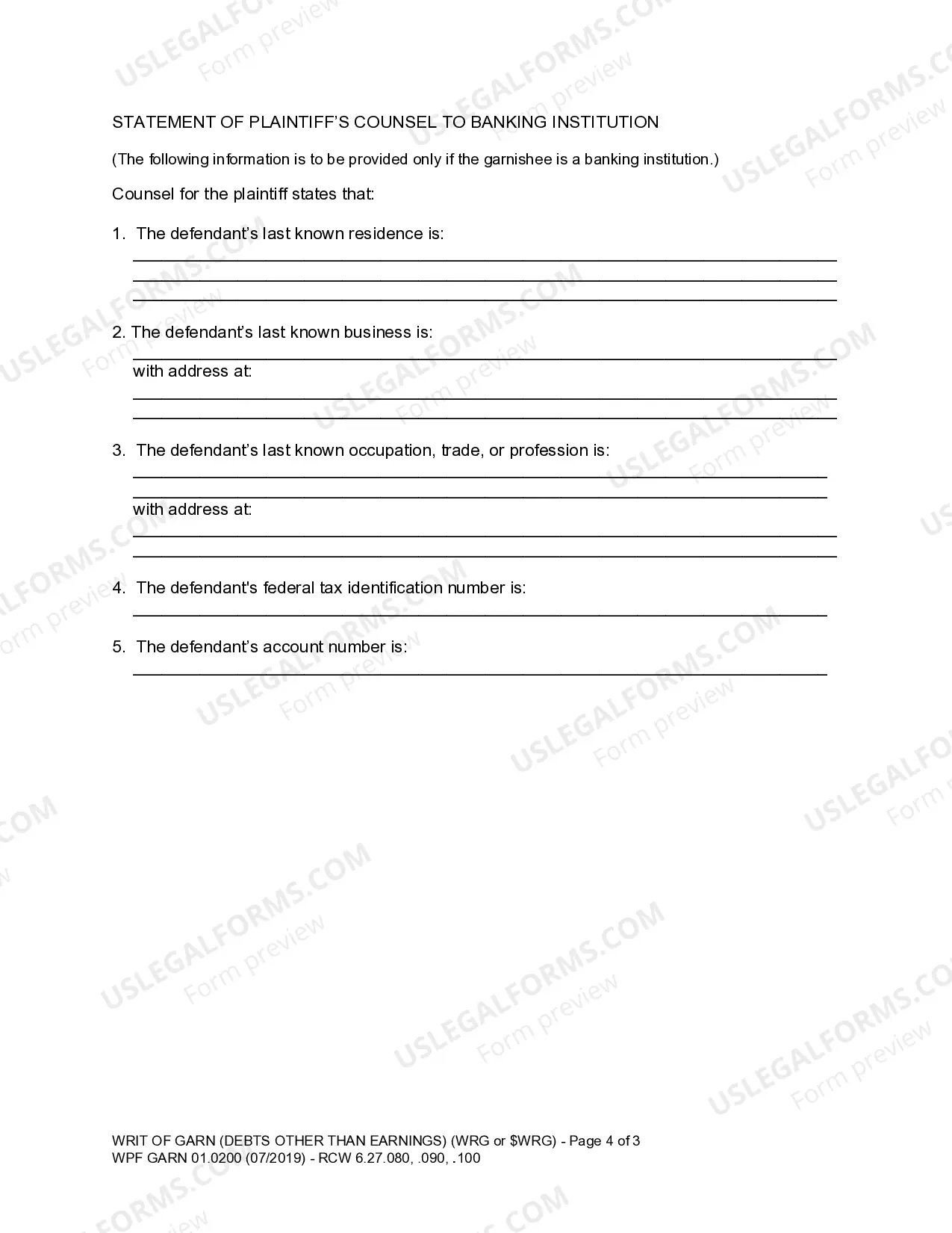 Preview WPF GARN 01.0200 - Writ of Garnishment - Debts Other Than Earnings - After Judgment