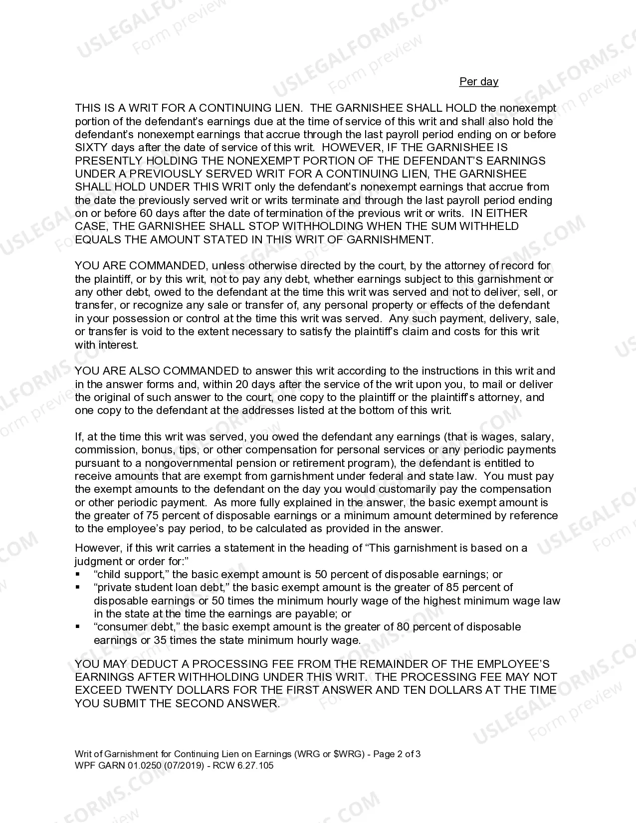 Preview WPF GARN 01.0250 - Writ of Garnishment - Continuing Lien on Earnings - After Judgment