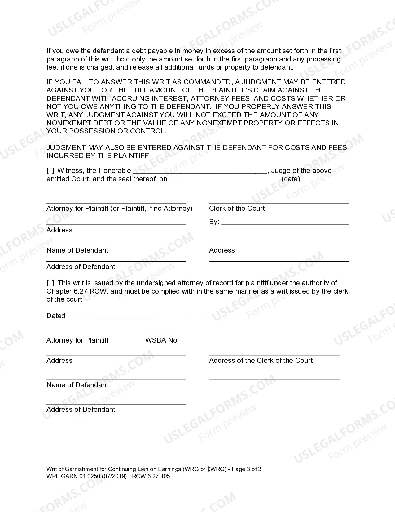 Preview WPF GARN 01.0250 - Writ of Garnishment - Continuing Lien on Earnings - After Judgment