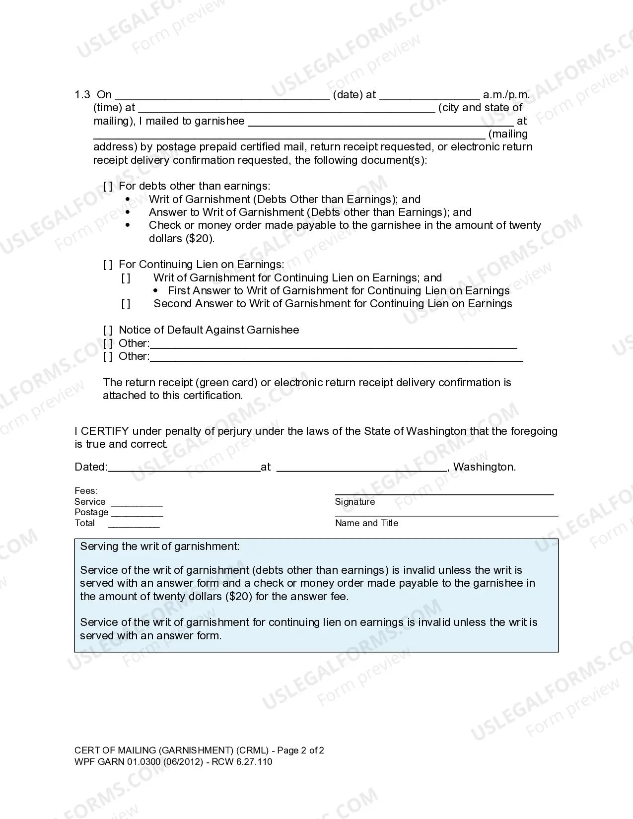 Preview WPF GARN 01.0300 - Certification of Mailing - Garnishment