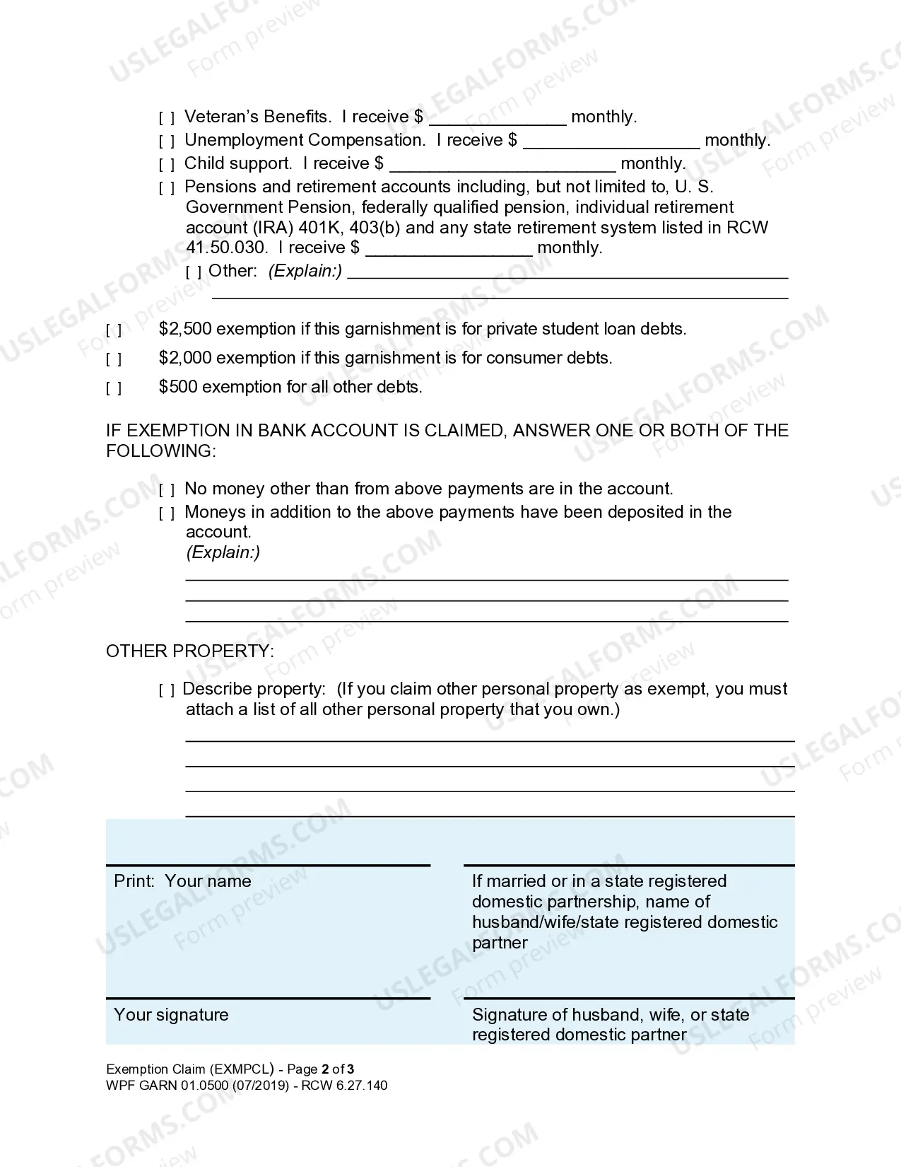 Preview WPF GARN 01.0500 - Exemption Claim